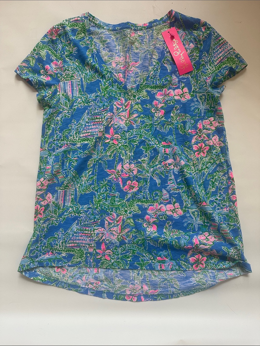Lilly Pulitzer Blue Tee with Pink and Green Tropical Print
